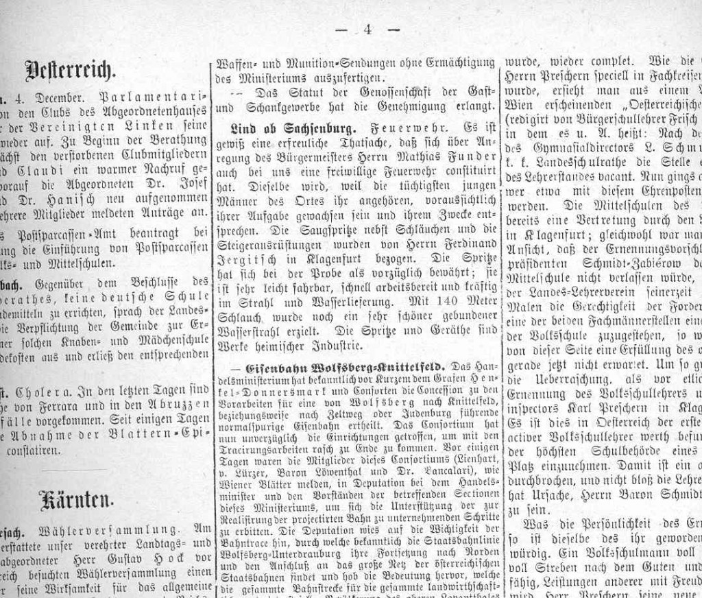 Bericht in der Landeszeitung Freie Stimmen aus dem Jahre 1884 über die Gründung der Feuerwehr